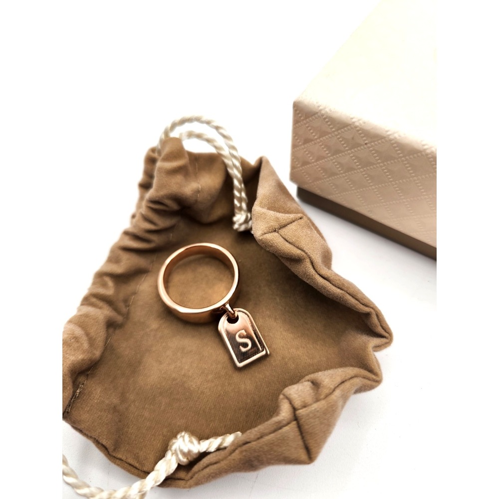 Milor Italy Bronze Initial S Tag Dangle Ring Size 9 Rose Gold Color
